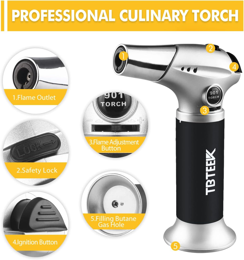 TBTEEK Cooking Torch Lighter - Adjustable Flame & Safety Lock for BBQ, Searing, and Desserts