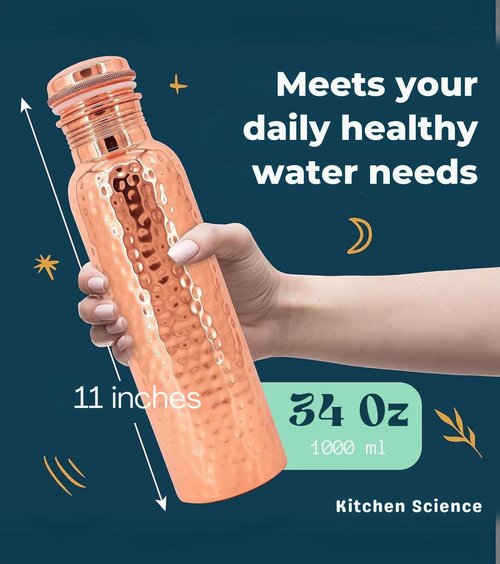 Kitchen Science- Ayurvedic 34oz Copper Water Bottle with Copper Tumbler, Bag & Sleeve – Lab-Tested, Leak-Proof