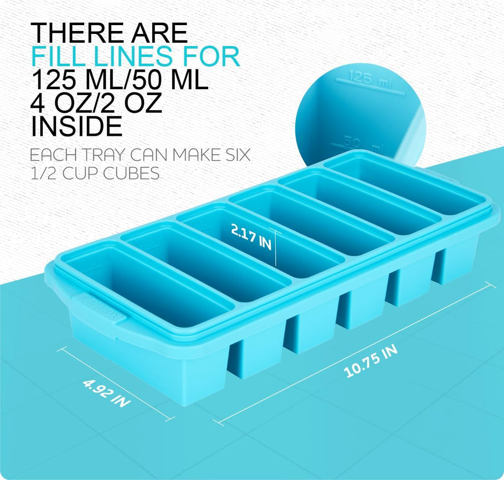 Skiennix 1/2 Cup Silicone Freezer Tray - 2-Pack Molds With Lid for Meal Prep & Freezing, Oven & Dishwasher Safe