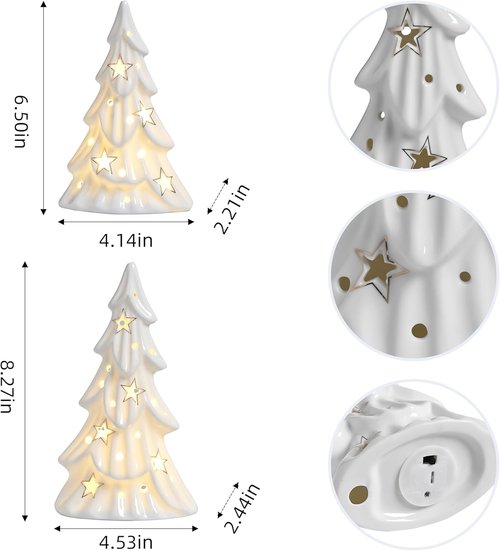 AOMOONOA Ceramic White Christmas Trees - Light Up Tabletop Porcelain Xmas Tree Figurines | 2-Piece Set