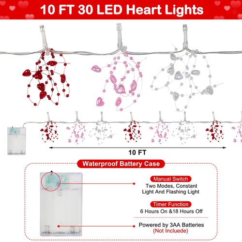 HALOGATE [Timer] Valentine's Day Decor Garland Lights, 10FT 30 LED Light 2 Modes Valentine Heart String Lights Battery Operated, Romantic Decorations for Indoor Outdoor Bedroom Home, Pink Red White