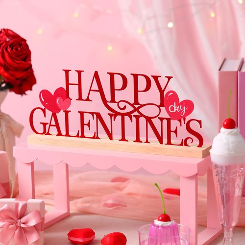Cinnvoice Happy Galentine's Day Decorations Meta Happy Galentines Letter Table Sign Farmhouse Friendship Valentine Tabletop Decorations with Wooden Base for Holiday Mantel Home Party Supplies