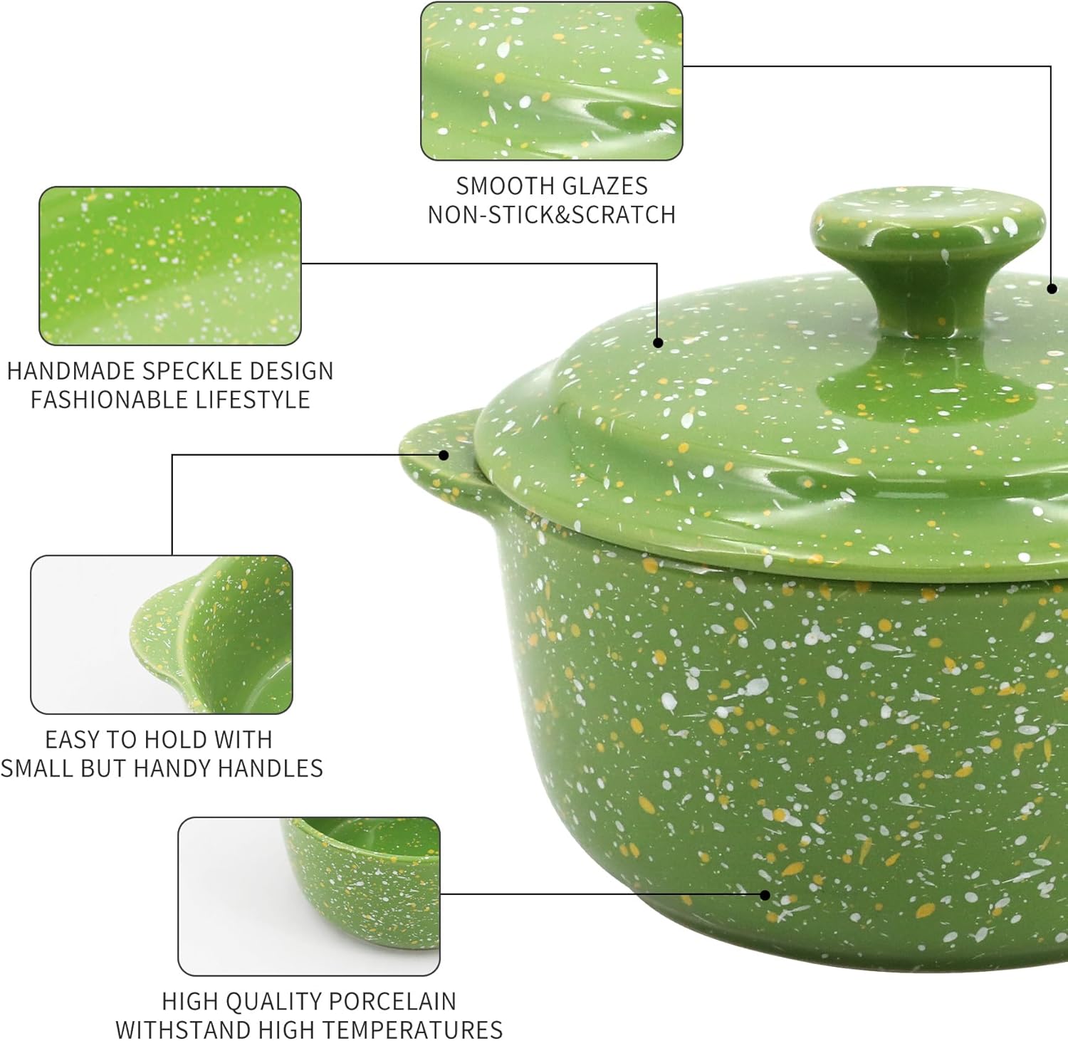 Skiennix Mini Ceramic Casserole Dishes - Oven-Safe 10 Oz Ramekins with Lids & Handles | Green 4-Pack