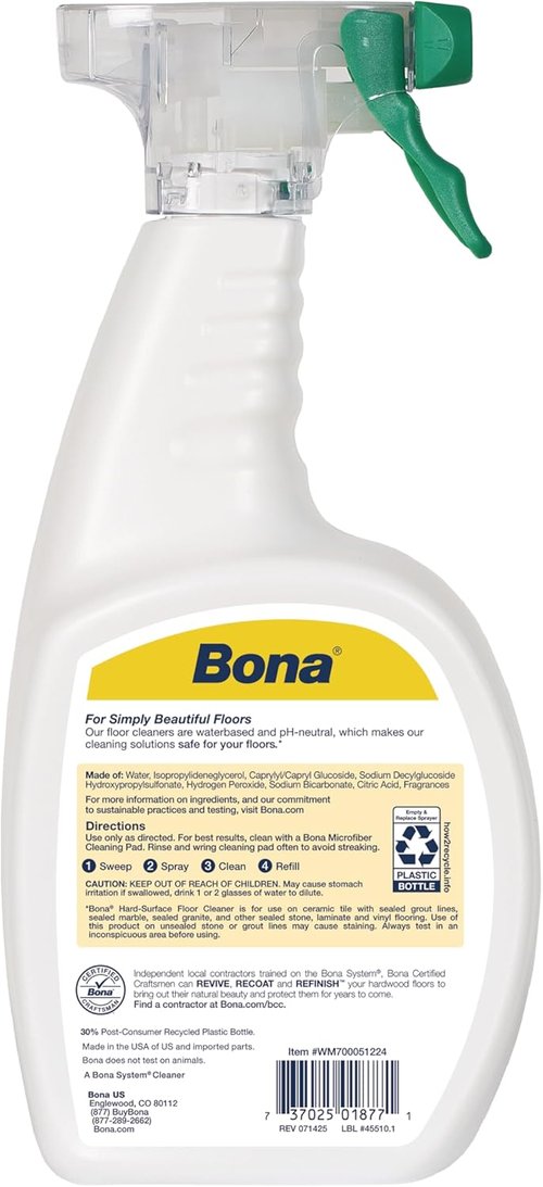 Bona Multi-Surface Floor Cleaner Spray - 32 Fl Oz - Lemon Mint Scent | Residue-Free Solution for Stone, Tile & Laminate Floors