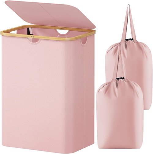 Lifewit 150L Laundry Basket - Foldable Hamper with Lid & Bamboo Handles | Pink, Removable Bags