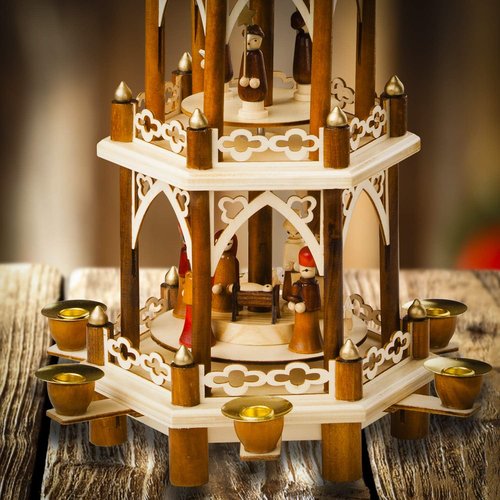 German Christmas Decoration Pyramid - 21-Inch Wooden Nativity Scene - 3-Tier Carousel with 6 Candle Holders