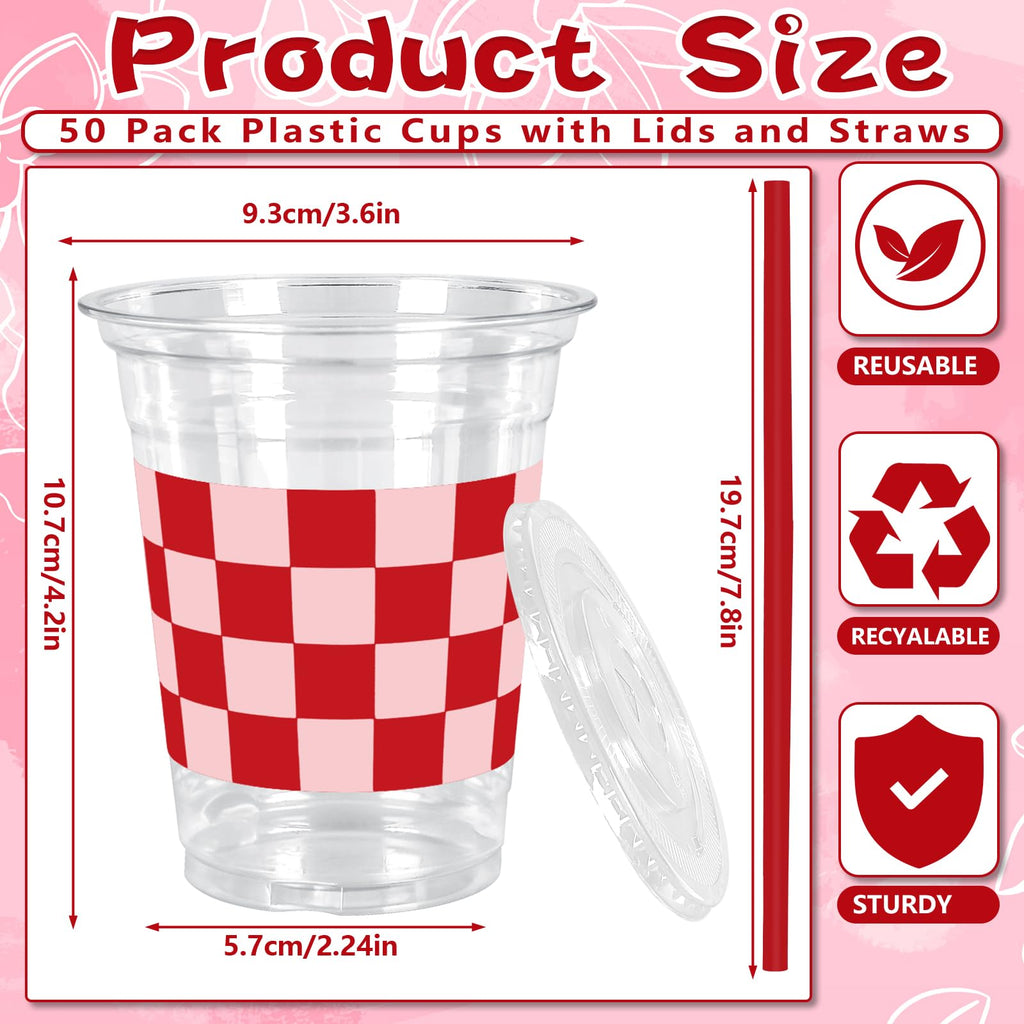 JarThenaAMCS 50Pcs Valentine's Day Plastic Cups with Lids Straws Drinking Cup 12oz Pink Red Checkered Heart Disposable Cups for Wedding Anniversary Valentine Party