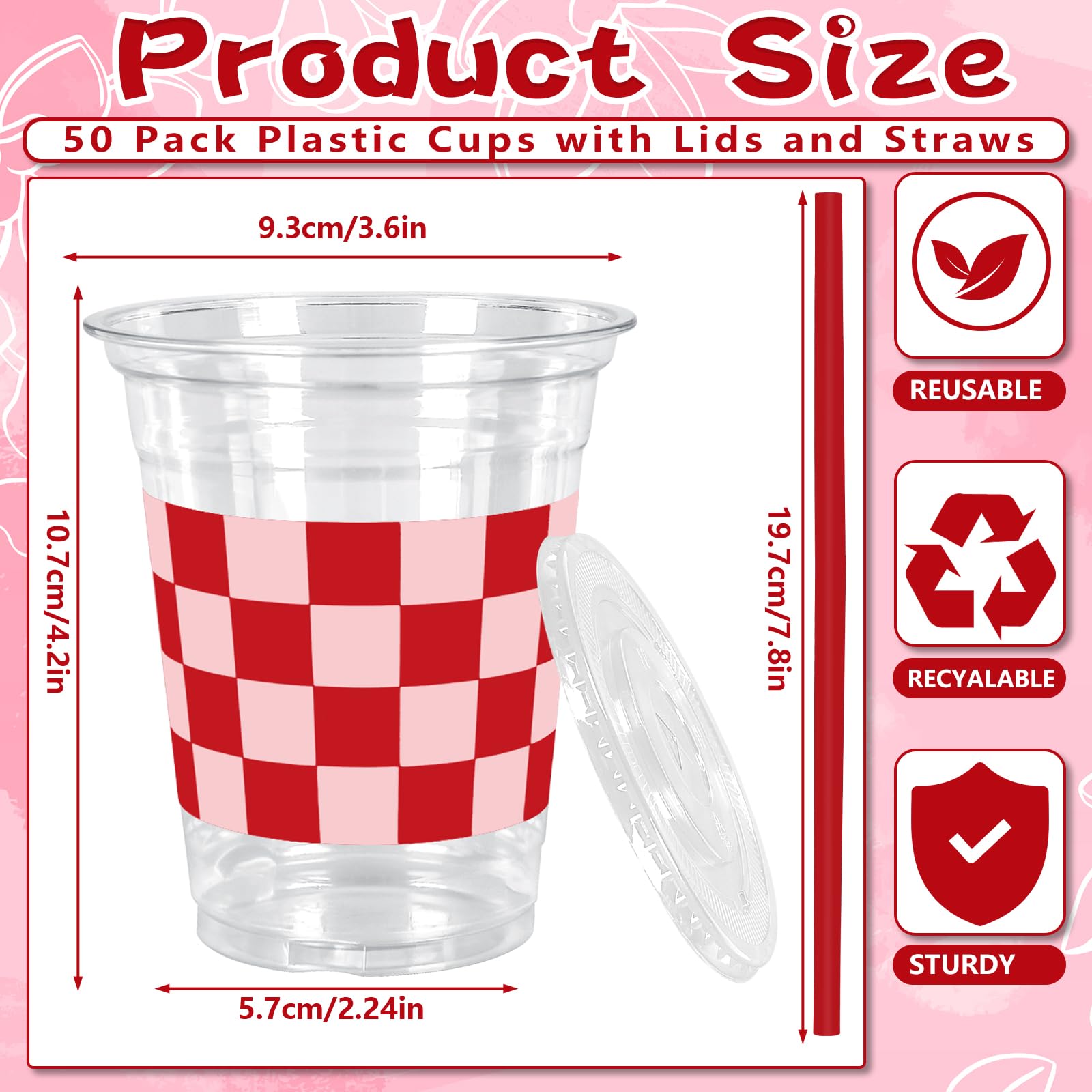 JarThenaAMCS 50Pcs Valentine's Day Plastic Cups with Lids Straws Drinking Cup 12oz Pink Red Checkered Heart Disposable Cups for Wedding Anniversary Valentine Party