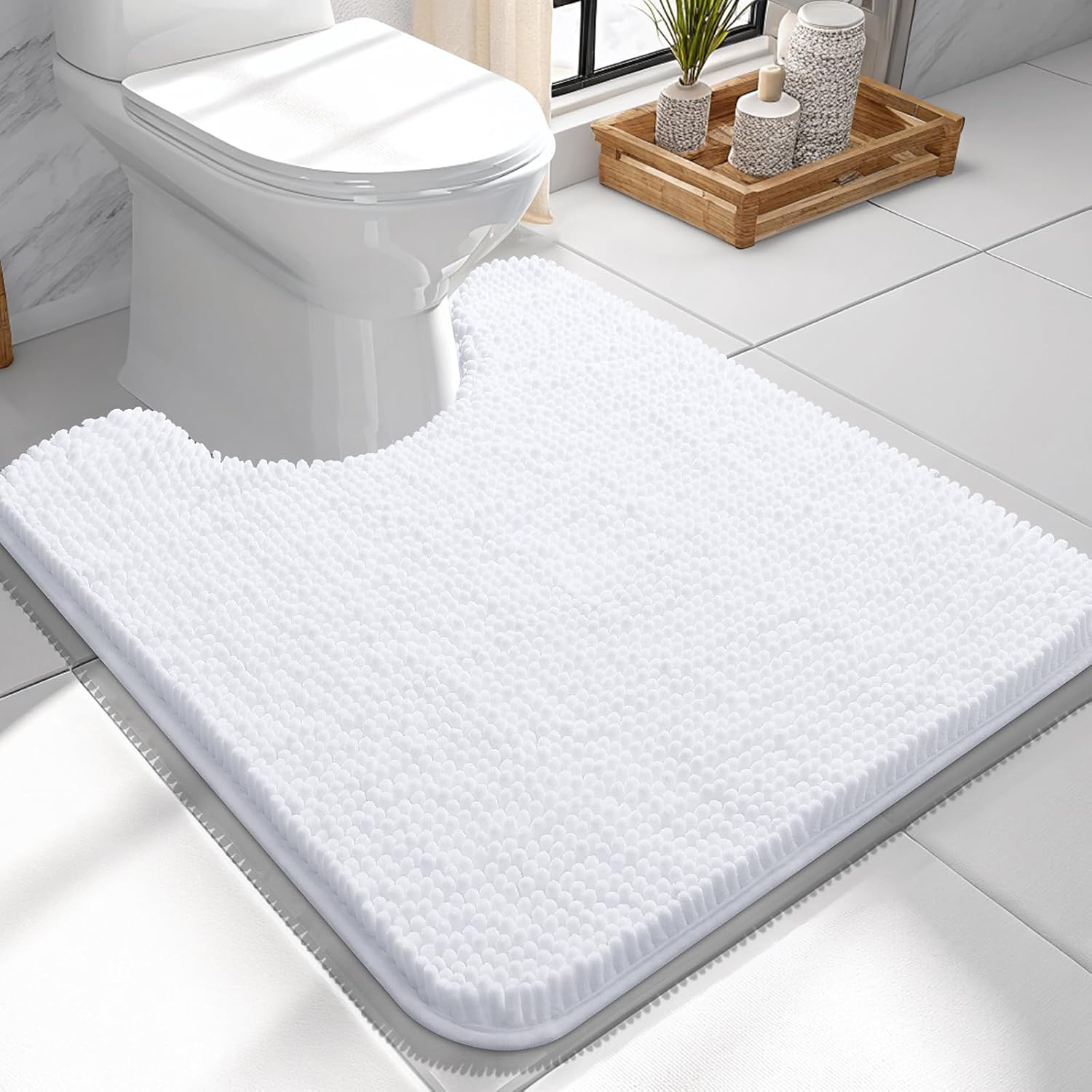 OLANLY U-Shaped Toilet Rugs - Extra Soft, Absorbent Chenille Bath Mat | 24x24, White, Machine Washable