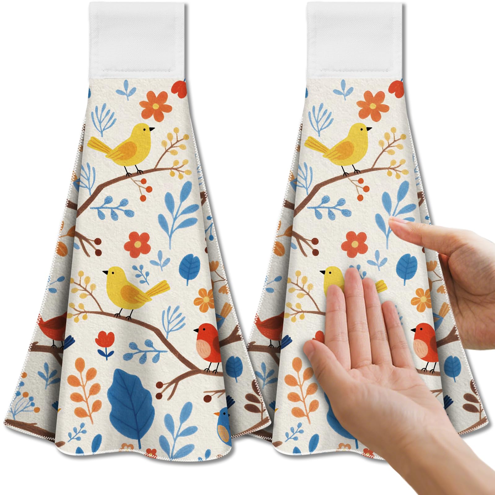 CUTHOLLOW Cartoon Flower and Bird Hanging Kitchen Towels with Loop, Set of 2 - Soft & Super Absorbent Microfiber Decorative Hanging Dish & Hand Towel, Tea Coffee Towel for Kitchen Bathroom Oven Handle