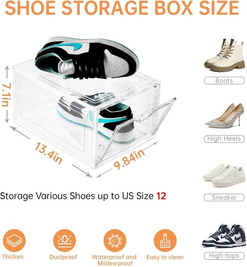 INSTY Large Shoe Storage Box - 12 Pack Clear Organizer with Magnetic Door | Stackable Design for Sneakers, Fits US Size 12