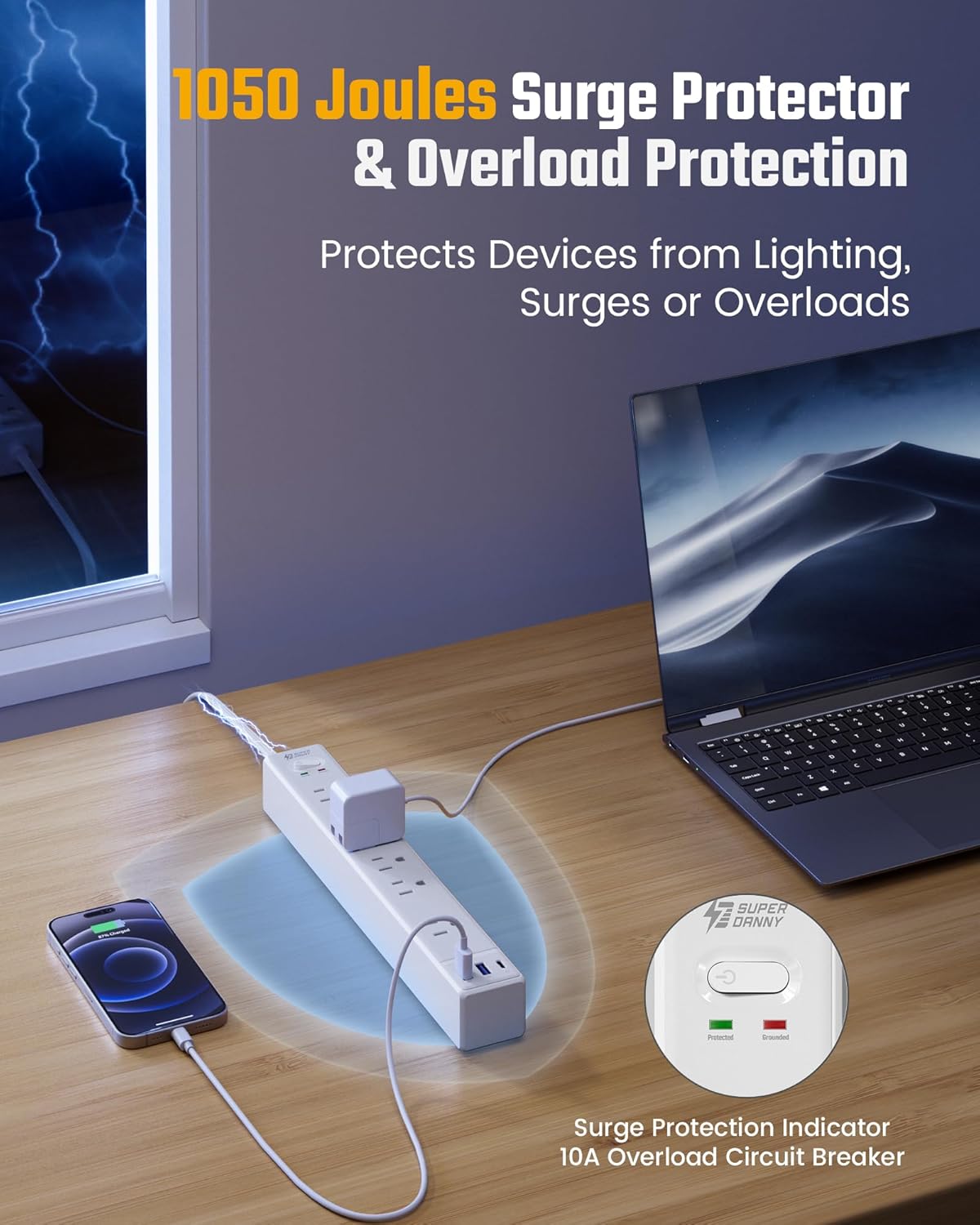 SUPERDANNY 10Ft Extension Cord - Flat Plug Surge Protector with 6 Outlets & 3 USB Ports for Home Office & Dorm Room Essentials