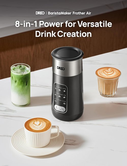 DREO Electric Milk Frother - 8-in-1 Stainless Steel for Latte Art & Coffee | 9oz Warm & Cold Foam