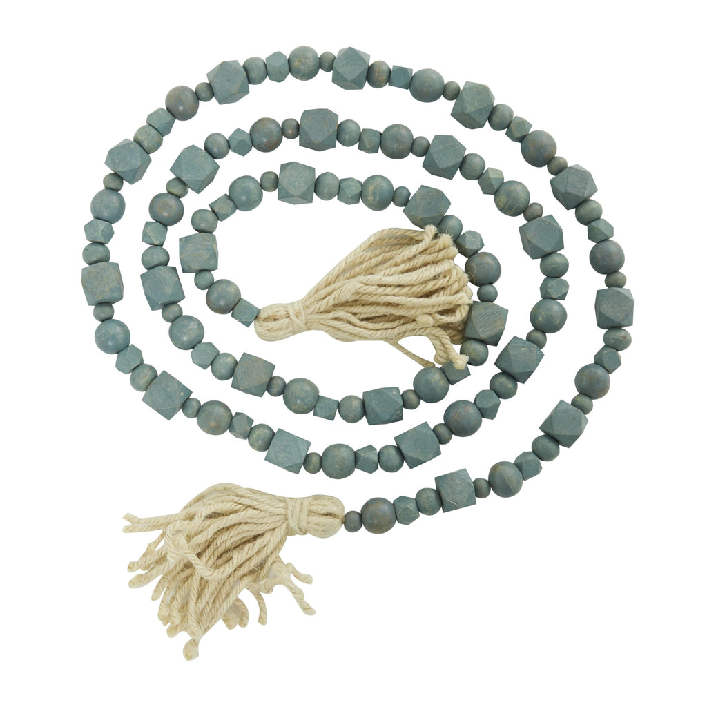 Deco 79 Mango Wood Handmade Hexagon Carved Geometric Long Beaded Garland with Tassel, 80" x 1" x 1", Blue