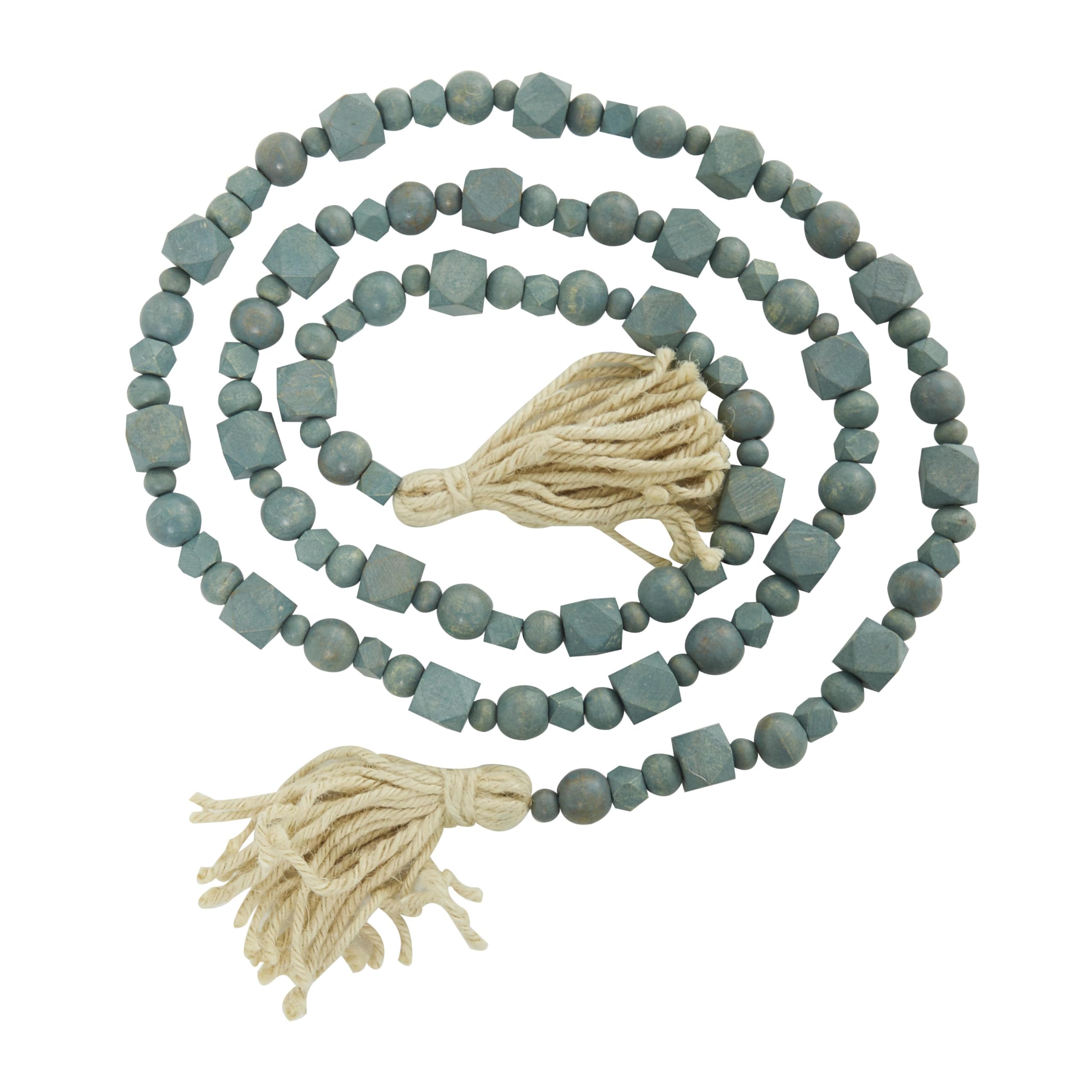 Deco 79 Mango Wood Handmade Hexagon Carved Geometric Long Beaded Garland with Tassel, 80" x 1" x 1", Blue