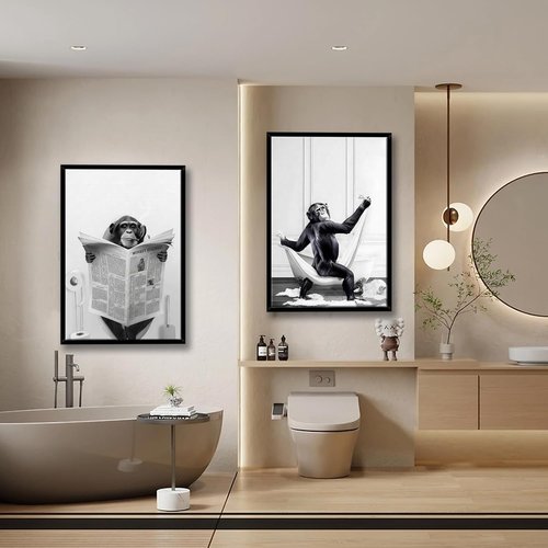 Funny Monkey Painting Poster - Framed Black and White Canvas Art | 12" x 16" for Kids' Bathroom Decor