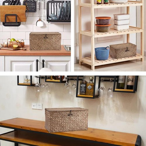 Hipiwe Wicker Shelf Baskets - Handwoven Seagrass Storage Bins with Lid | Medium Coffee Color