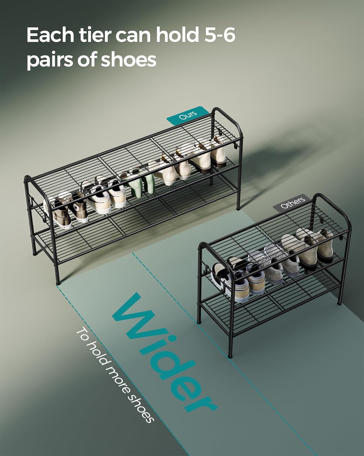 SONGMICS 3-Tier Shoe Rack - Height-Adjustable Metal Organizer with 4 Hooks | Holds 24 Pairs, Ink Black