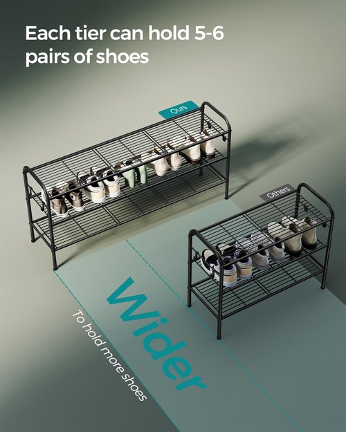 SONGMICS Shoe Rack, 3-Tier Shoe Organizer, Metal Shoe Shelf Storage with 4 Side Hooks, Holds 18 Pairs of Shoes, Height-Adjustable Shoe Rack for Entryway, Hallway, Closet, Ink Black ULMR131B01