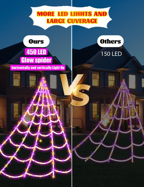 LCHUANG Spider Webs Halloween Decor Lights - 450 LEDs Outdoor Halloween String Lights with 60" Light Up Spider,8 Modes Remote Control 16.4Ft Spiderweb,Waterproof (New Orange-Purple Grid Luminous Net)