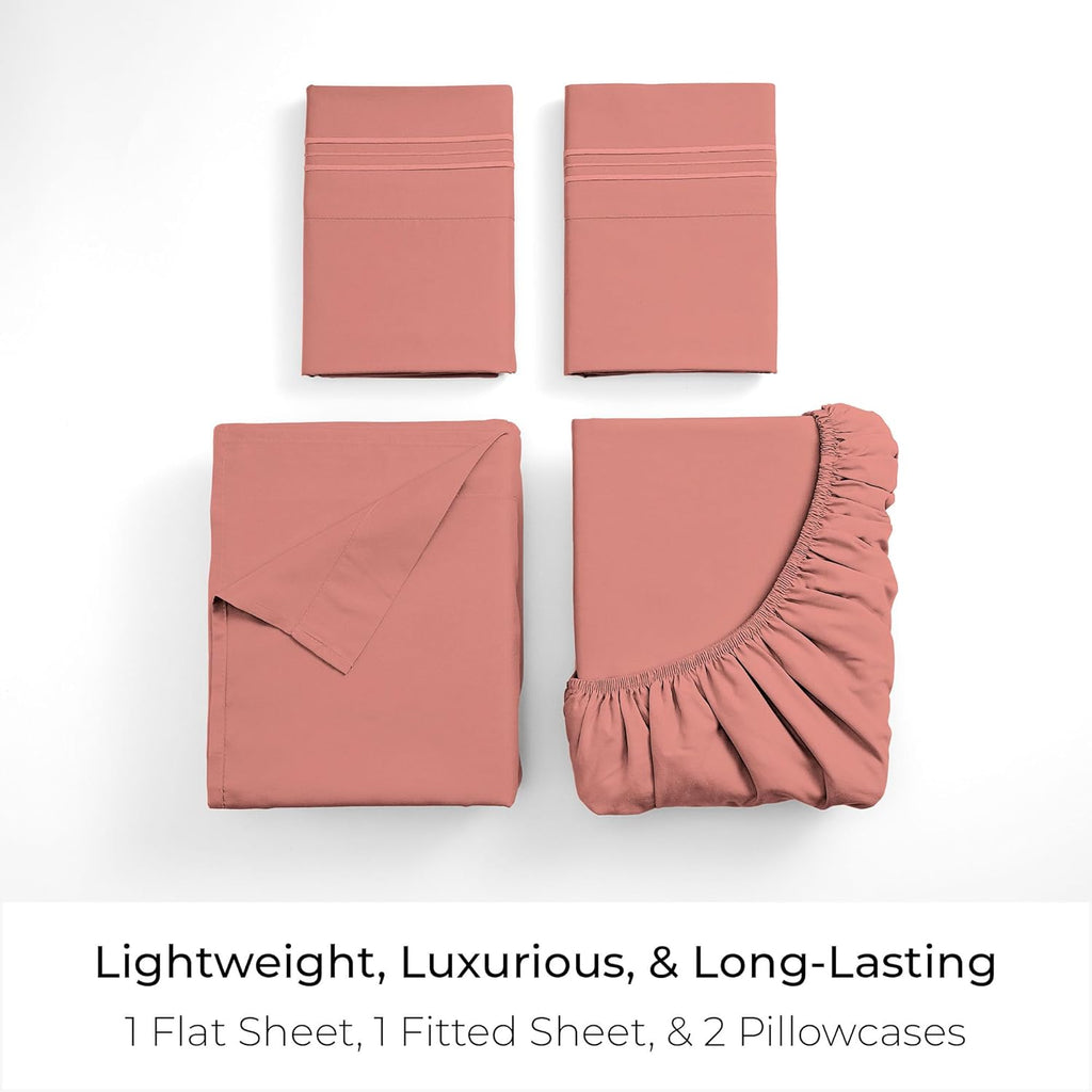 Mellanni Full Sheets Set - 4 PC Hotel Luxury Bedding | Extra Soft, Cooling, Wrinkle-Resistant (Coral)