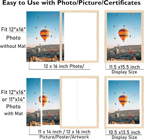 JCJMY 12x16 Picture Frame - Display 11x14 Photos with Mat or 12x16 Without Mat, Natural Finish