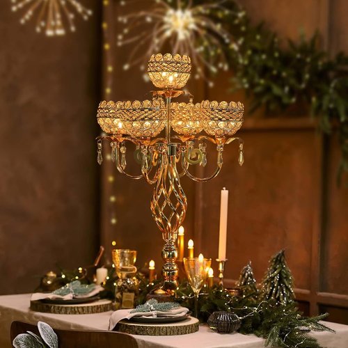 Elegant 5-Arm Candelabra Centerpiece - 23.6 Inch Tall with Crystal Pendants for Weddings & Home Decor