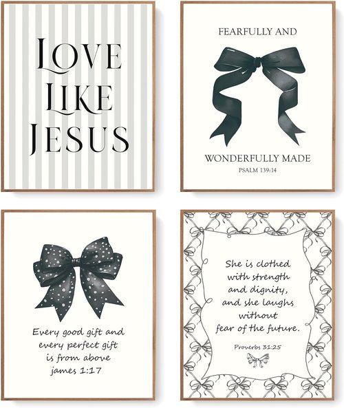 LARTSFRO Coquette Black Bow Wall Art Decor - Inspirational Christian Posters for Teen Girls | Set of 4, 10x8 Inch Unframed