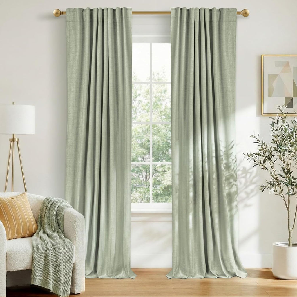 Skiennix 100% Blackout Curtains - Thermal Insulated Linen Drapes, 50" W x 90" L, Sage Green - 2 Panels Set