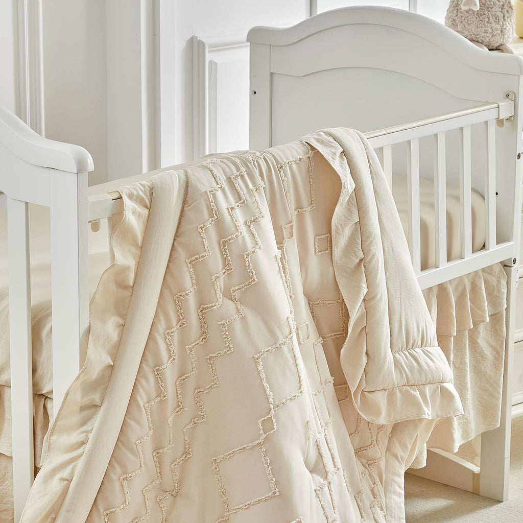 AIKASY The Ruffled Shabby Crib Bedding Set for Girls, Baby Quilted Comforter with Fitted Sheet, Bed Skirt, and Pillowcase.