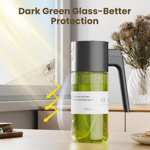 LAKUMIQI Oil Sprayer - 2 in 1 Cooking Dispenser with 17oz Light-Blocking Glass Bottle & Stickers
