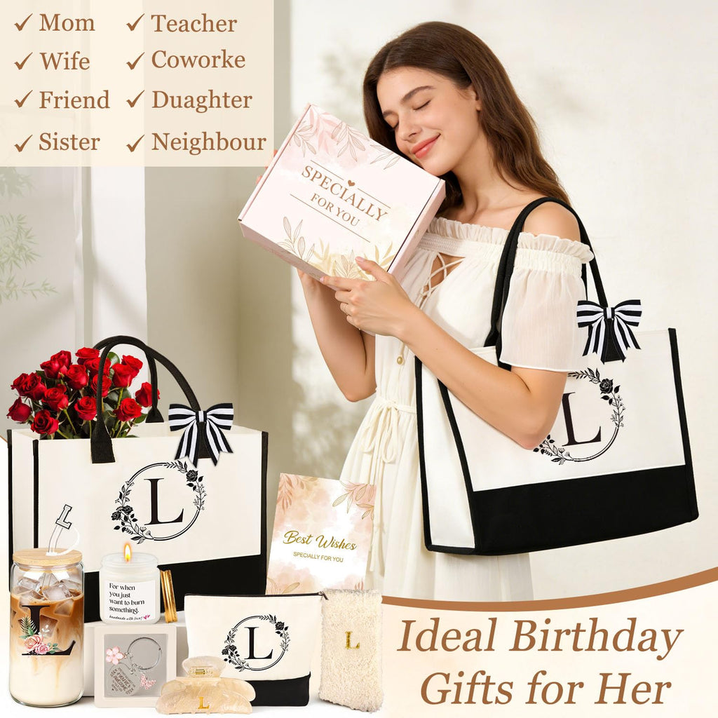 Birthday Gifts for Women, 10pcs Monogrammed Gifts for Women Initial Canvas Tote Bag, Makeup Bag, Glass Cup, Hair Clip, Candle Basket Birthday Personalized Gift for Her Woman Mom Wife Friend Teacher, L