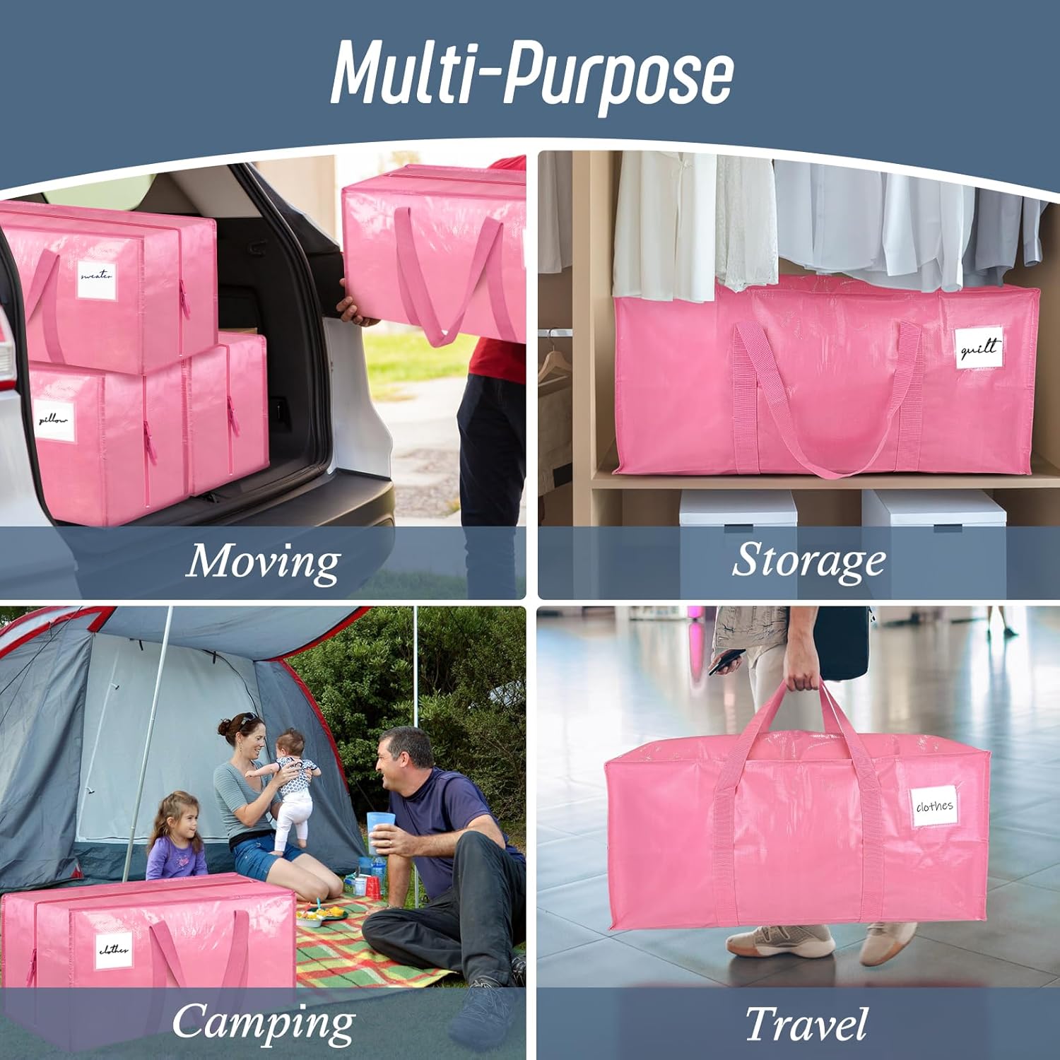 Skiennix Extra Heavy Duty Large Moving Bags - Strong Zipper & Comfortable Handles | 12 Pack, Pink