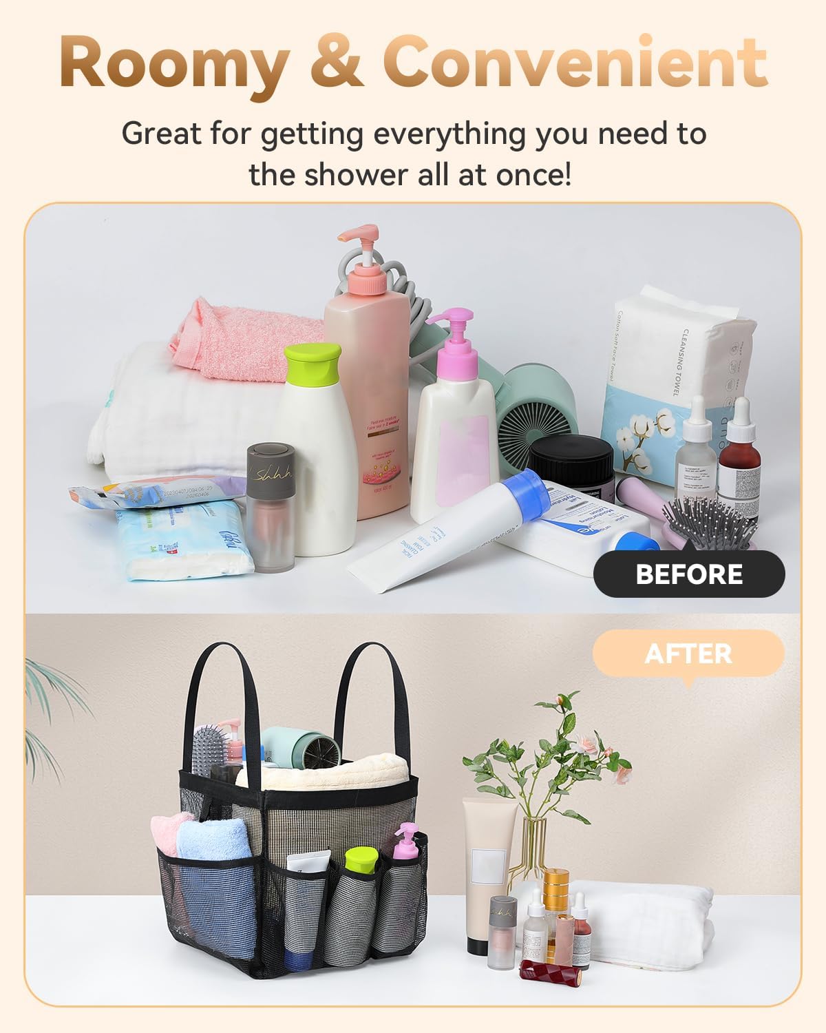 Temede Mesh Shower Caddy Tote - Large Portable Bath Organizer with 8 Storage Pockets | Quick Dry for College, Gym, Travel