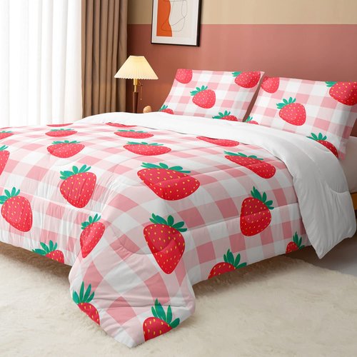 Datura home Kawaii Strawberry Comforter Bedding Set for Girls ,Pink Grid Pattern Bedding Set with 1 Comforter and 2 Pillowcases for Girls Bedroom All Season(Strawberry Full) Full 80x90inches