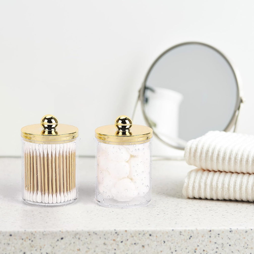 Tbestmax Q-Tips Holder - Elegant Plastic Apothecary Jar with Gold Lid for Cotton Swabs & Pads - 10oz