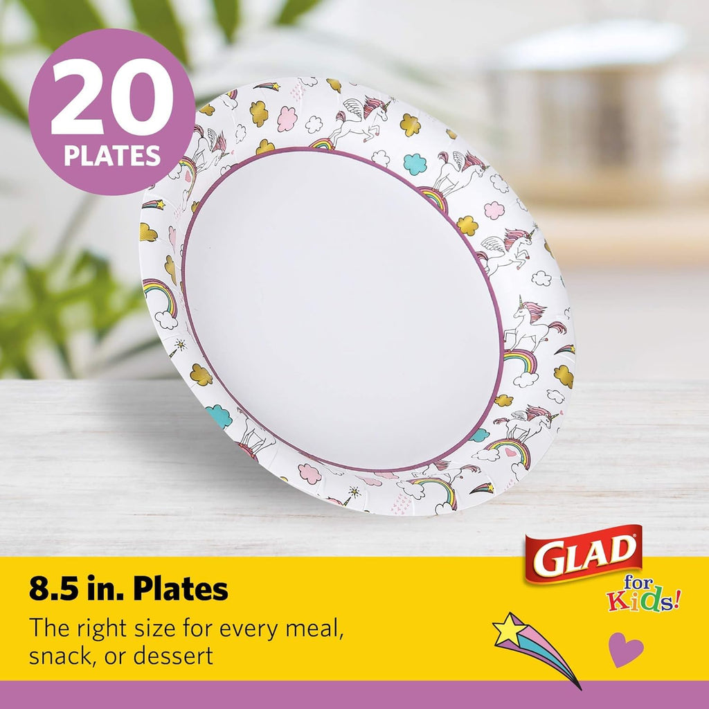 Glad for Kids Unicorn Theme Disposable Paper Plates, Heavy-Duty Soak-Proof Round Plates for Kids Birthdays, Parties, and Everyday Meals, Microwave Safe, 8.5 Inch, 20 Count - 3 Pack