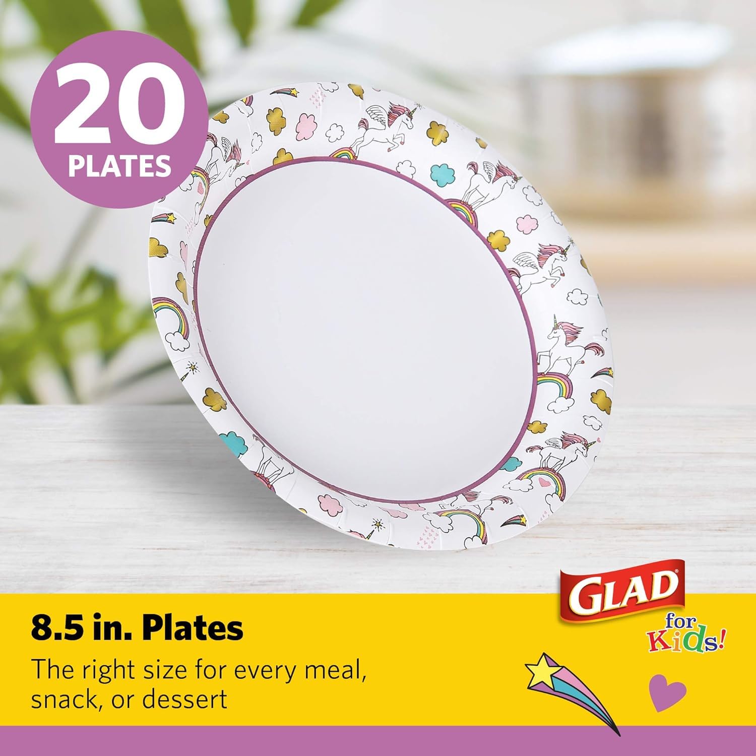 Glad for Kids Unicorn Theme Disposable Paper Plates, Heavy-Duty Soak-Proof Round Plates for Kids Birthdays, Parties, and Everyday Meals, Microwave Safe, 8.5 Inch, 20 Count - 3 Pack