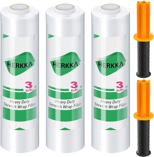 HERKKA Stretch Wrap - Industrial Strength Moving Plastic Film with Handles | 15" x 1000 Feet, 3 Pack, 60 Gauge