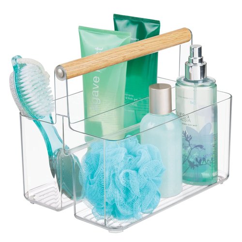 mDesign Plastic Portable Shower Caddy Divided Basket Bin Storage Organizer with Bamboo Handle for Bathroom, Dorm, Shelf & Cabinet Holds Shampoo, Conditioner - Aura Collection, Clear/Natural