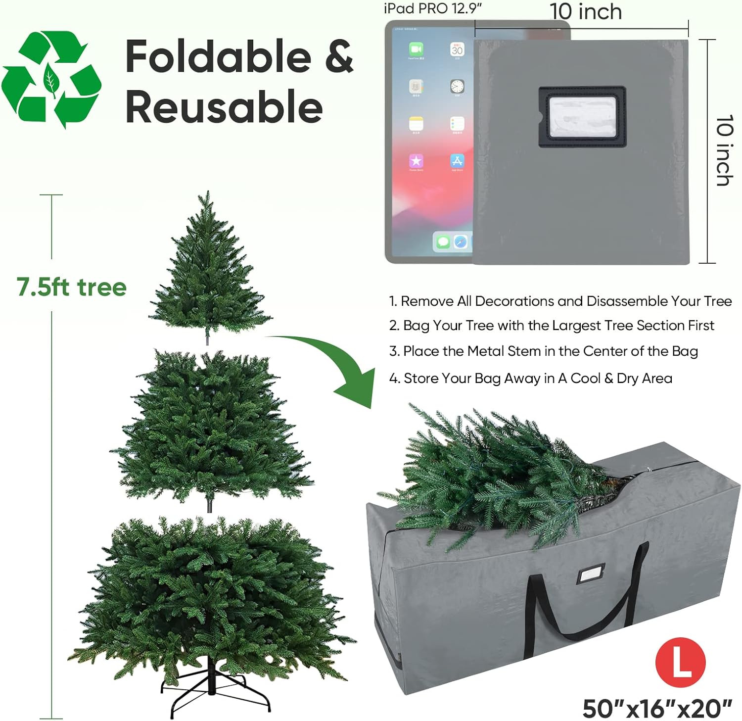 BALEINE Christmas Tree Storage Bag - Heavy Duty Extra Large with Reinforced Handles & Dual Zippers | Gray, 7.5 ft