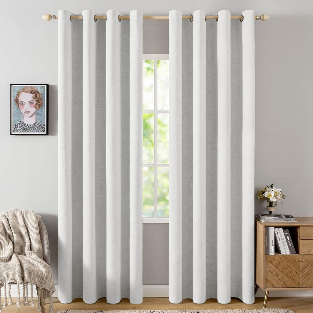 MIULEE 100% Blackout Linen Textured Curtains - Thermal Insulated Heathered White Drapes | 52 x 72 Inch (2 Panels)