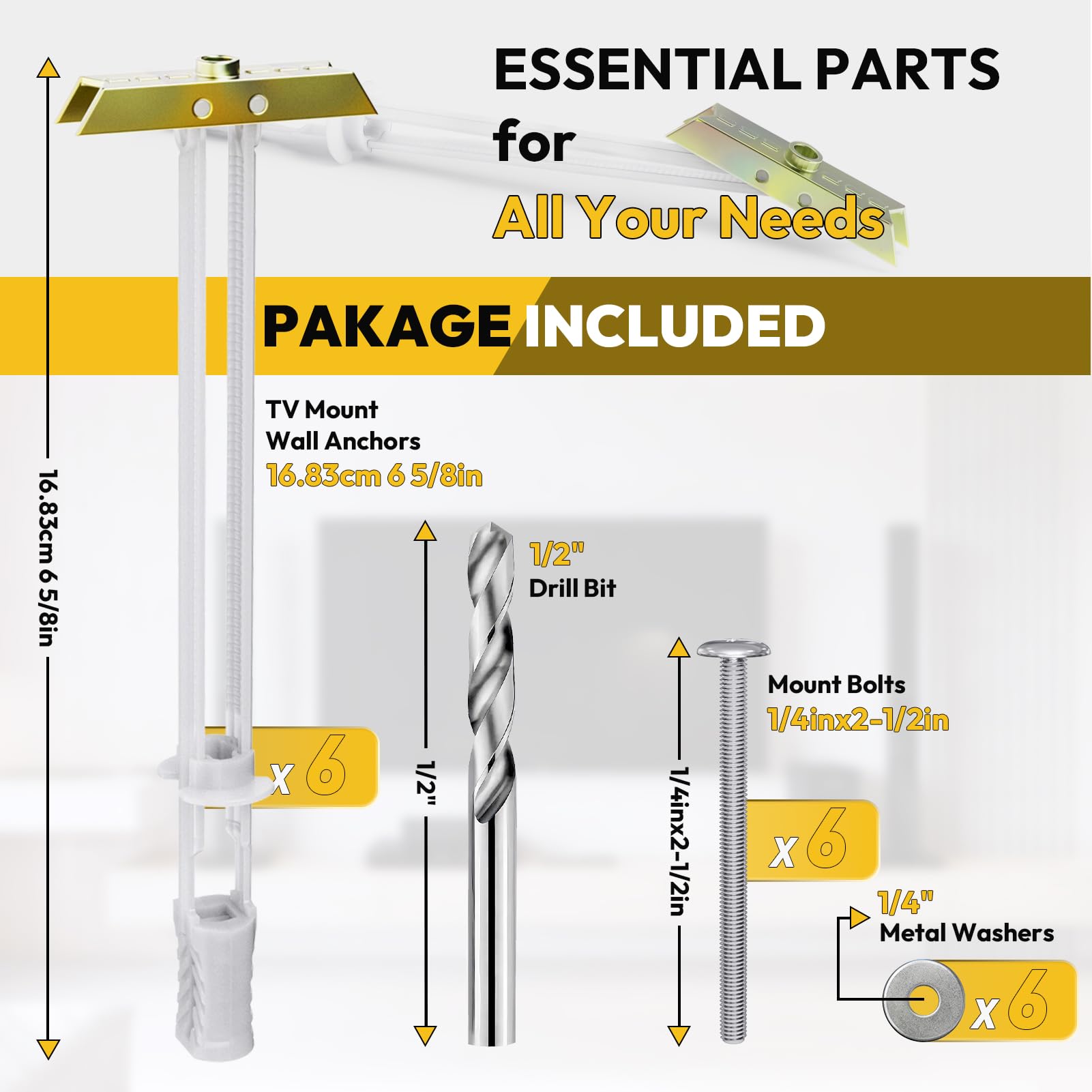 Steel Stud TV Mounting Kit – Heavy-Duty Metal Stud TV Mount Kit for Tilt & Low-Profile TVs, Includes 6 Drywall Anchors (1/4”-20), Bolts, Steel Drill Bit & Mounting Hardware