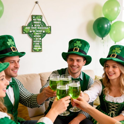 YGEINIT St Patrick's Day Door Wreath Decorations Happy Wooden St. Patrick's Day Sign Cross Lucky Shamrock Clover Irish Blessing Spring Decor for Wall Outdoor Home Party Living Room Decoration