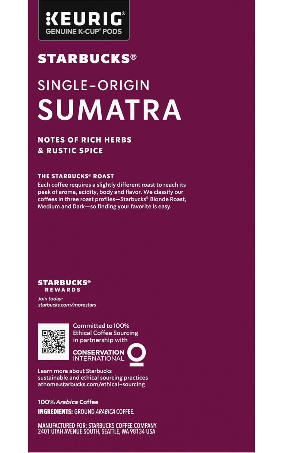 Starbucks K-Cup Pods - Sumatra Single-Origin Dark Roast Coffee | 32 Count (Pack of 4)
