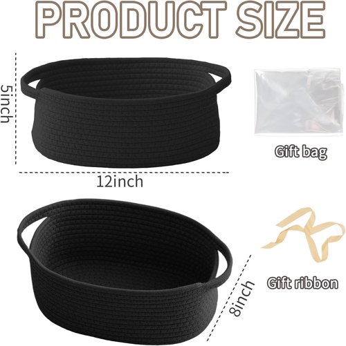 JMvicyroam Woven Storage Baskets - Small Rope Bins with Handles for Organizing Shelves | Black, 3-Pack