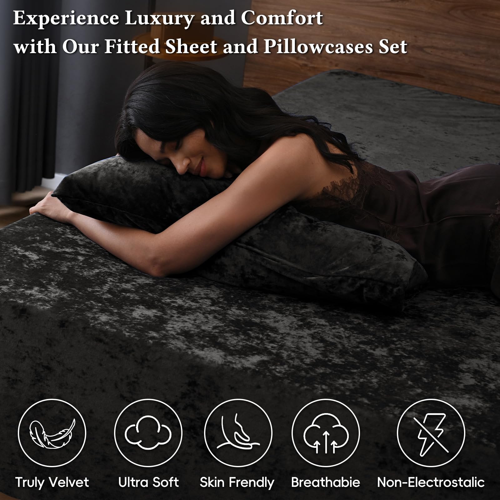 David's Home Velvet Fitted Sheet and Pillowcases Set Queen Size, Extra Deep Pocket up to 18", Soft Plush Fleece Bottom Sheet with Side Pocket & Elastic Corner Straps, Fall Winter, Black