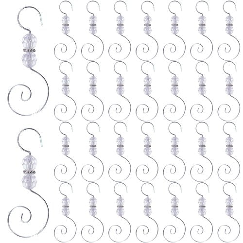 30 PCS Christmas Ornament Hooks,Silver Christmas Tree Hanger S-Shaped Hangers Hook with 2 Crystal Beads for Crafts Xmas Tree Home Decoration (B)