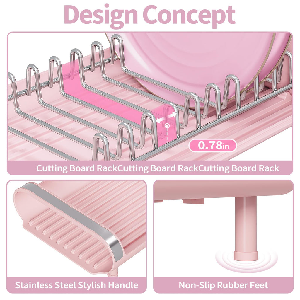 TOOLF Small Dish Drying Rack, Mini Expandable Compact Dish Rack, Slim Extendable Stainless Steel Dish Drainer for Kitchen Plate Storage, Space Saving Dish Strainer in Sink or on Home Countertop, Pink