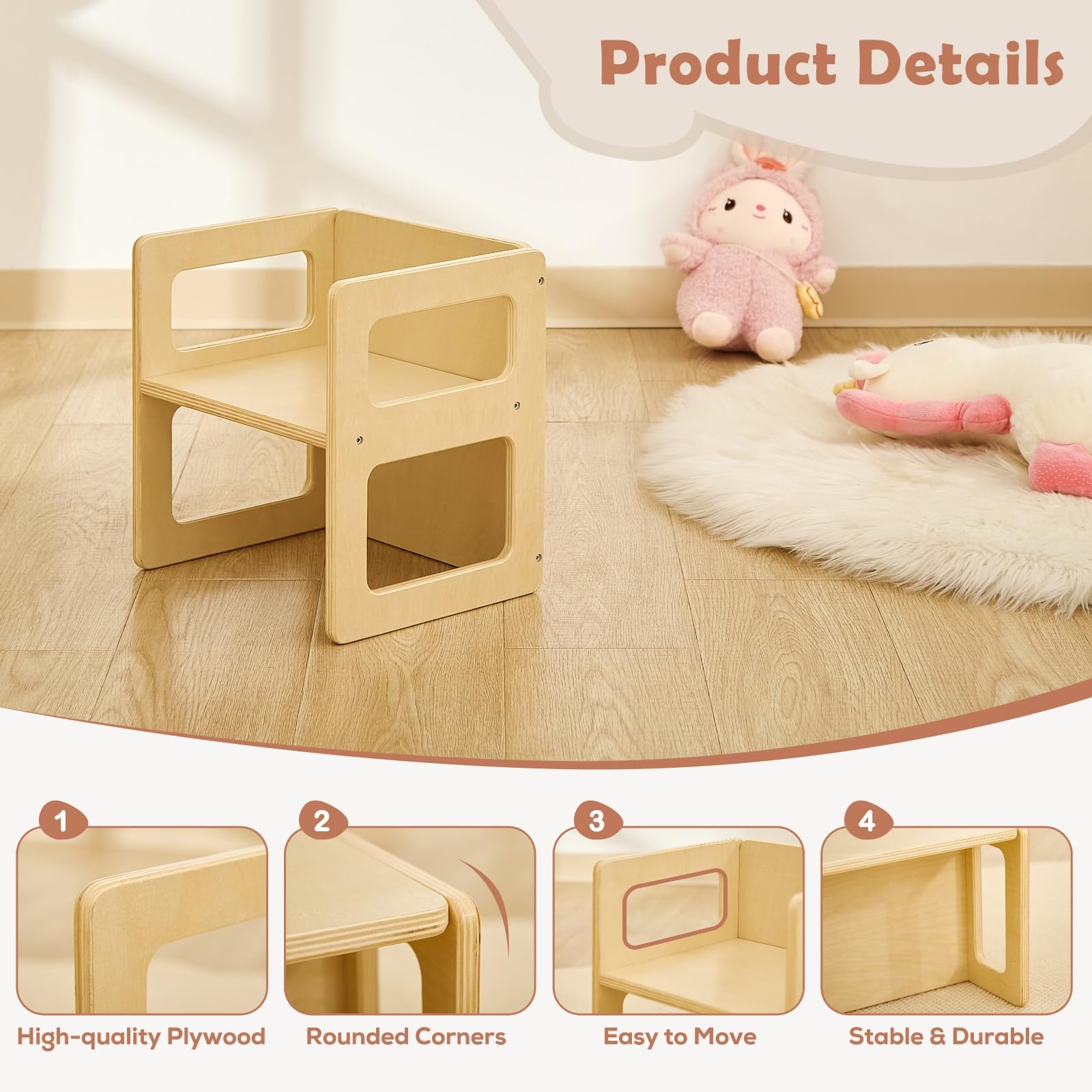 FUNLIO Height Adjustable Montessori Weaning Chair for Age 1-3, Quality Solid Wooden Chair, for Eating/Reading/Playing,Montessori Furniture with CPC Certified - Natural